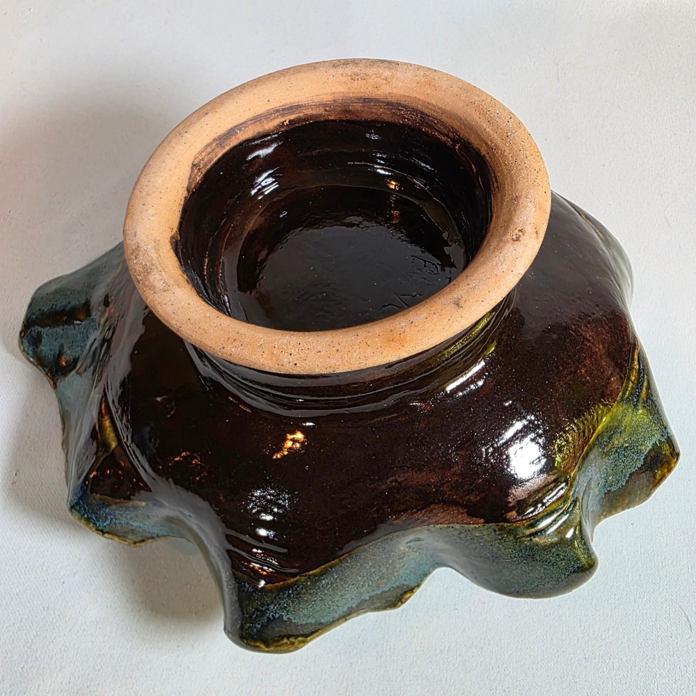 Handmade Studio Pottery Teal Brown Textured Pedestal Handle Bowl Artisan Signed - Picture 8 of 10